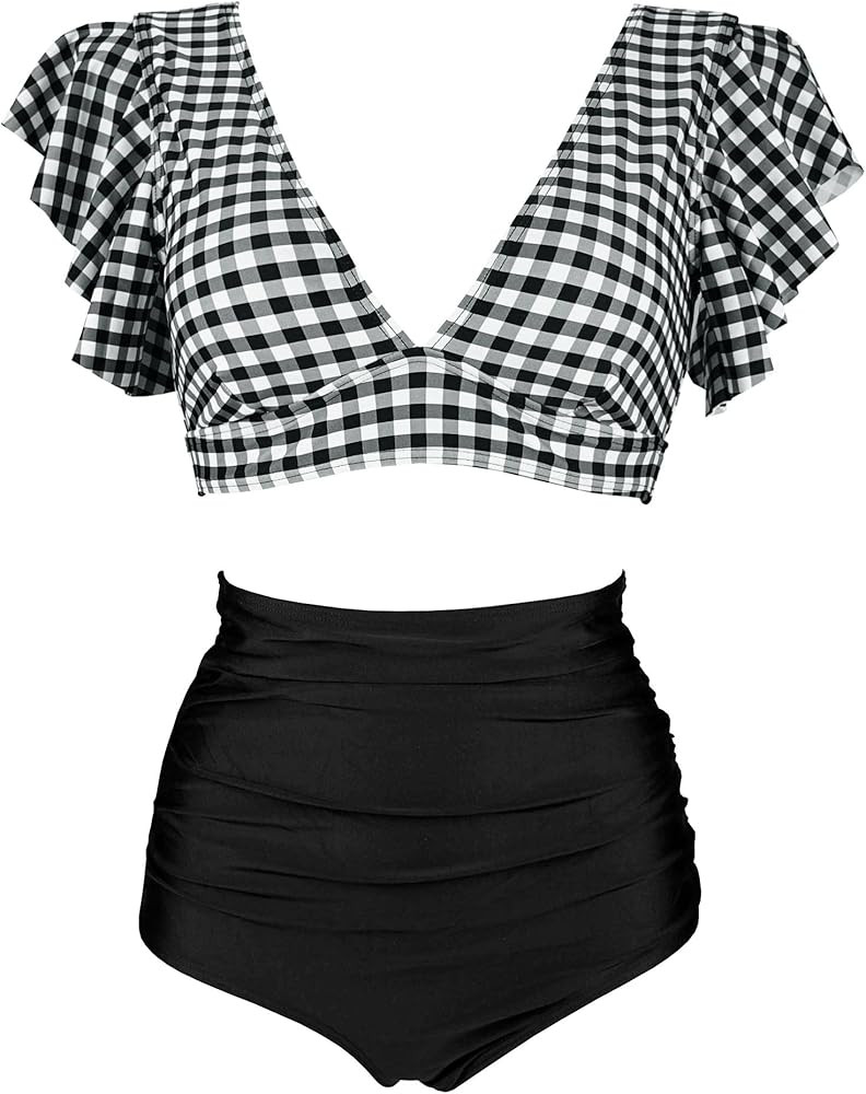 COCOSHIP Women's Retro Ruched Ruffle High Waist Two Piece Bikini Set Tie Knot Front Top Sport Bat... | Amazon (US)