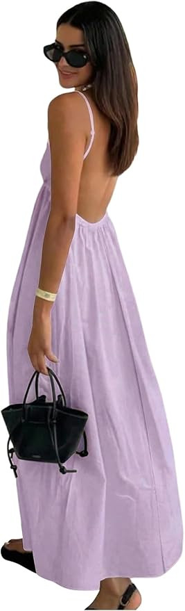 SOLY HUX Women's Summer Dress Backless V Neck Spaghetti Strap Loose Flowy Midi Cami Dresses | Amazon (US)