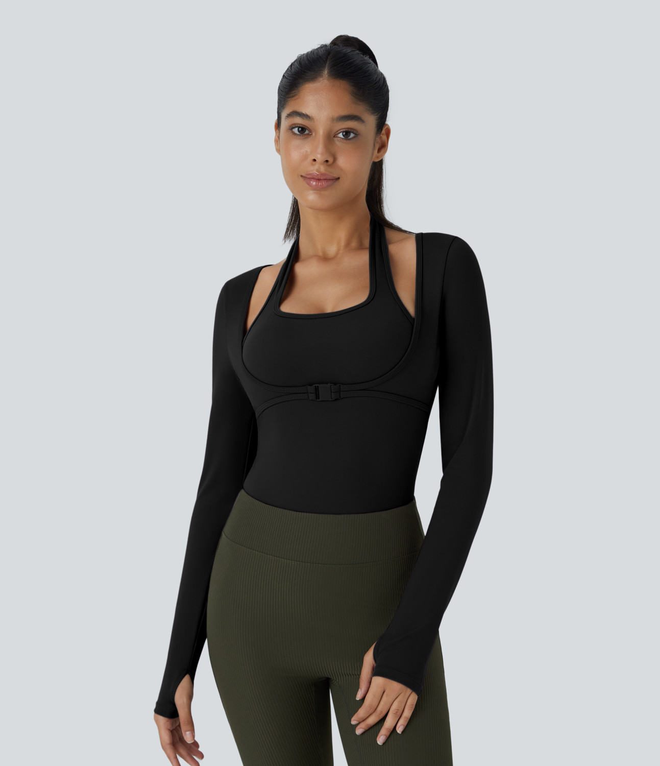 Halara Softlyzero™ Plush Halter Thumb Hole 2-in-1 Yoga Bodysuit - Black - XS | HALARA