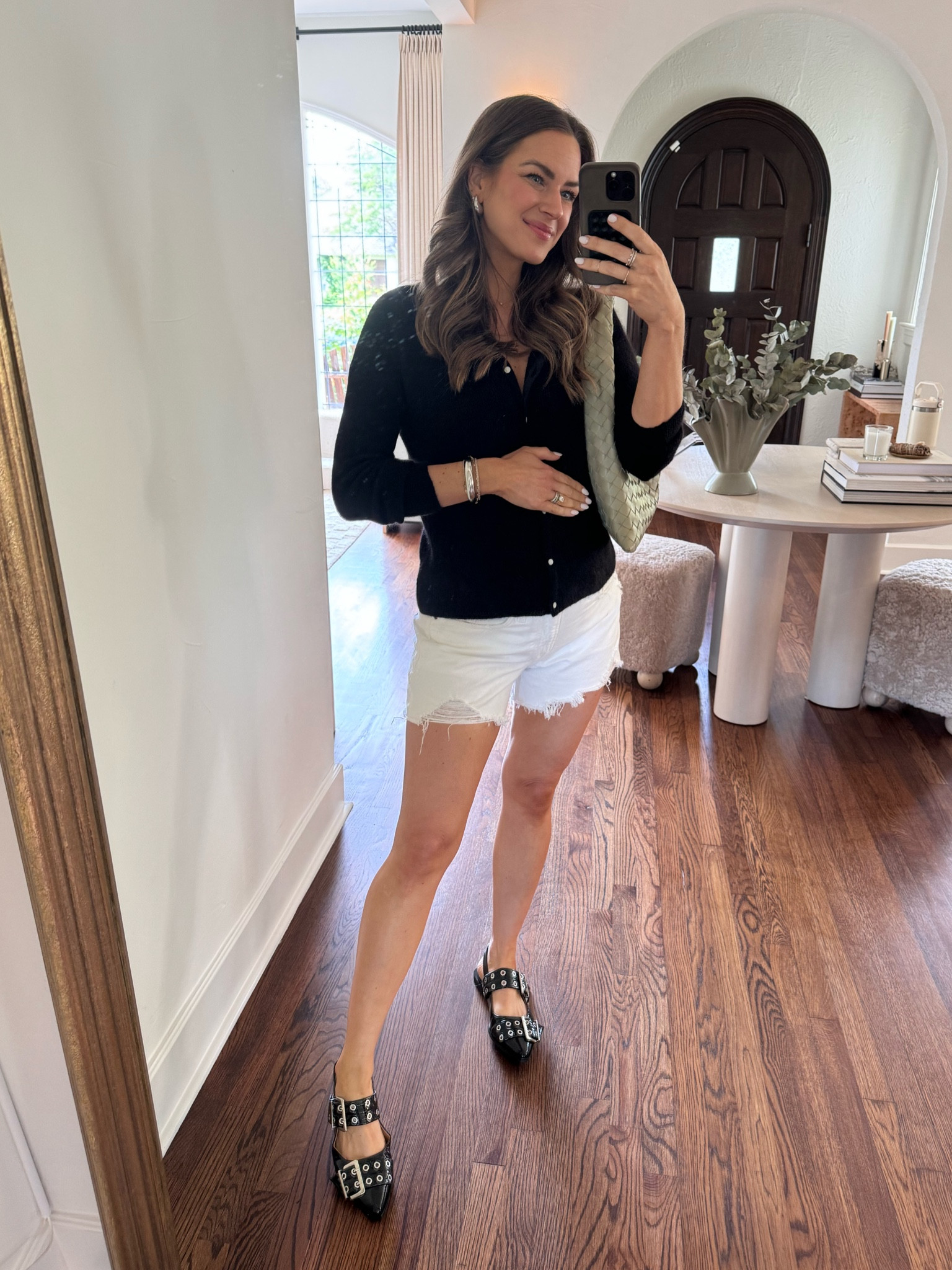 Friday errands OOTD. Sized up 2 sizes in these non maternity low rise shorts. Got a S in the sweater & flats fit TTS! 

#LTKBump