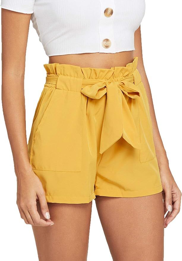 Romwe Women's Casual Elastic Waist Bowknot Summer Shorts with Pockets | Amazon (US)