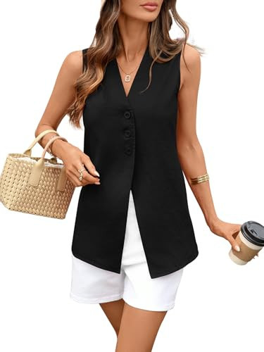 vinglam Women's Linen Cotton Vest Long V Neck Button Down Casual Suit Vest Black | Amazon (US)