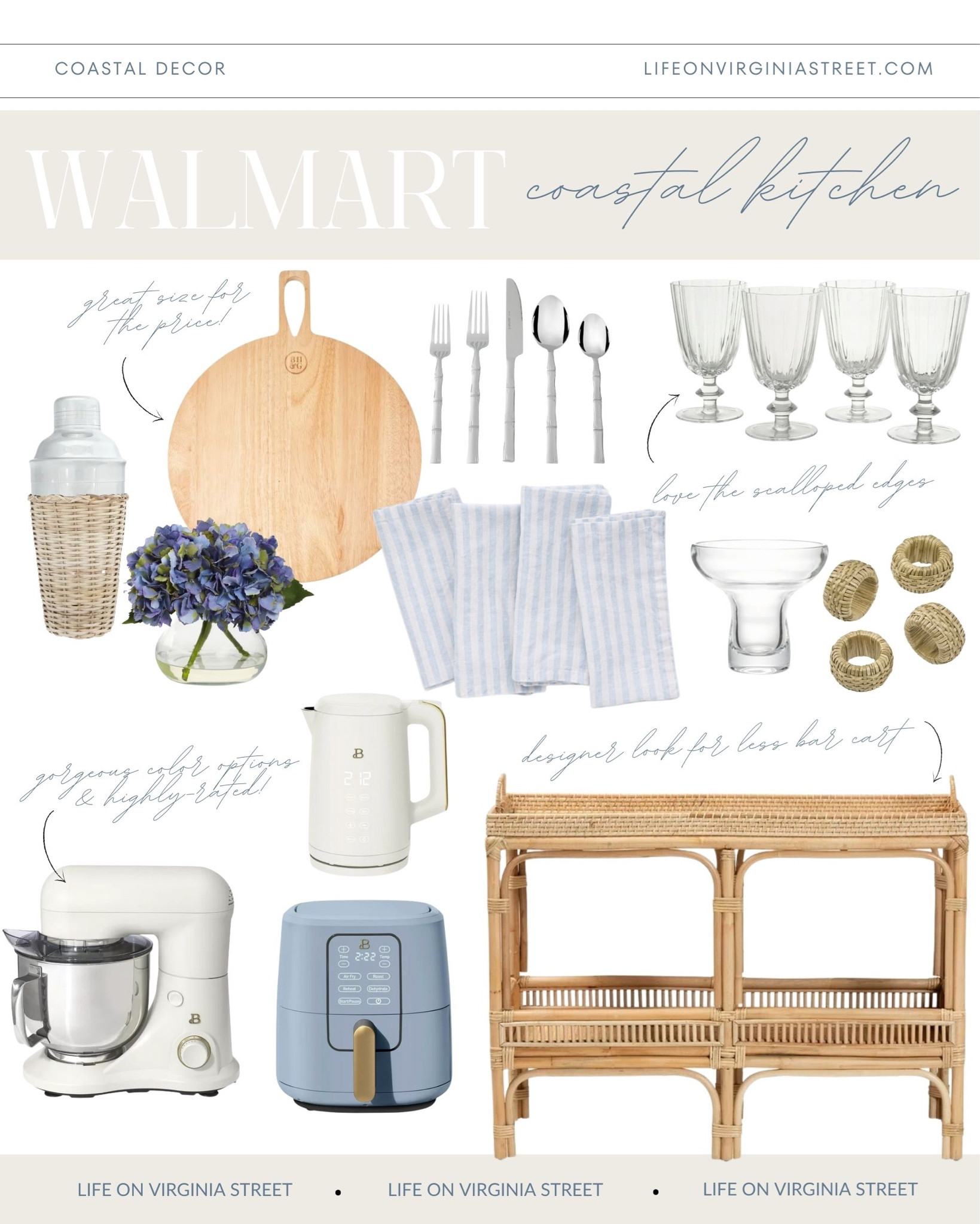 The cutest coastal decor finds for a spring kitchen refresh! #walmartpartner Loving all of these gorgeous @walmart finds including a rattan wrapped cocktail shaker, rattan bar cart, scalloped goblet glasses, a white stand mixer, light blue air fryer, blue striped linen napkins, faux hydrangeas, a wood serving board, silver bamboo flatware, rattan napkin rings, a white electric tea kettle and more! See all of my recent Walmart finds here:  https://lifeonvirginiastreet.com/walmart-coastal-home-decor/.
.
#walmarthome #walmart #ltkhome #ltkfindsunder50 #ltkfindsunder100 #ltkstyletip #ltksalealert coastal kitchen decor, spring decorating ideas for a kitchenn

#LTKhome #LTKSeasonal #LTKfindsunder50
