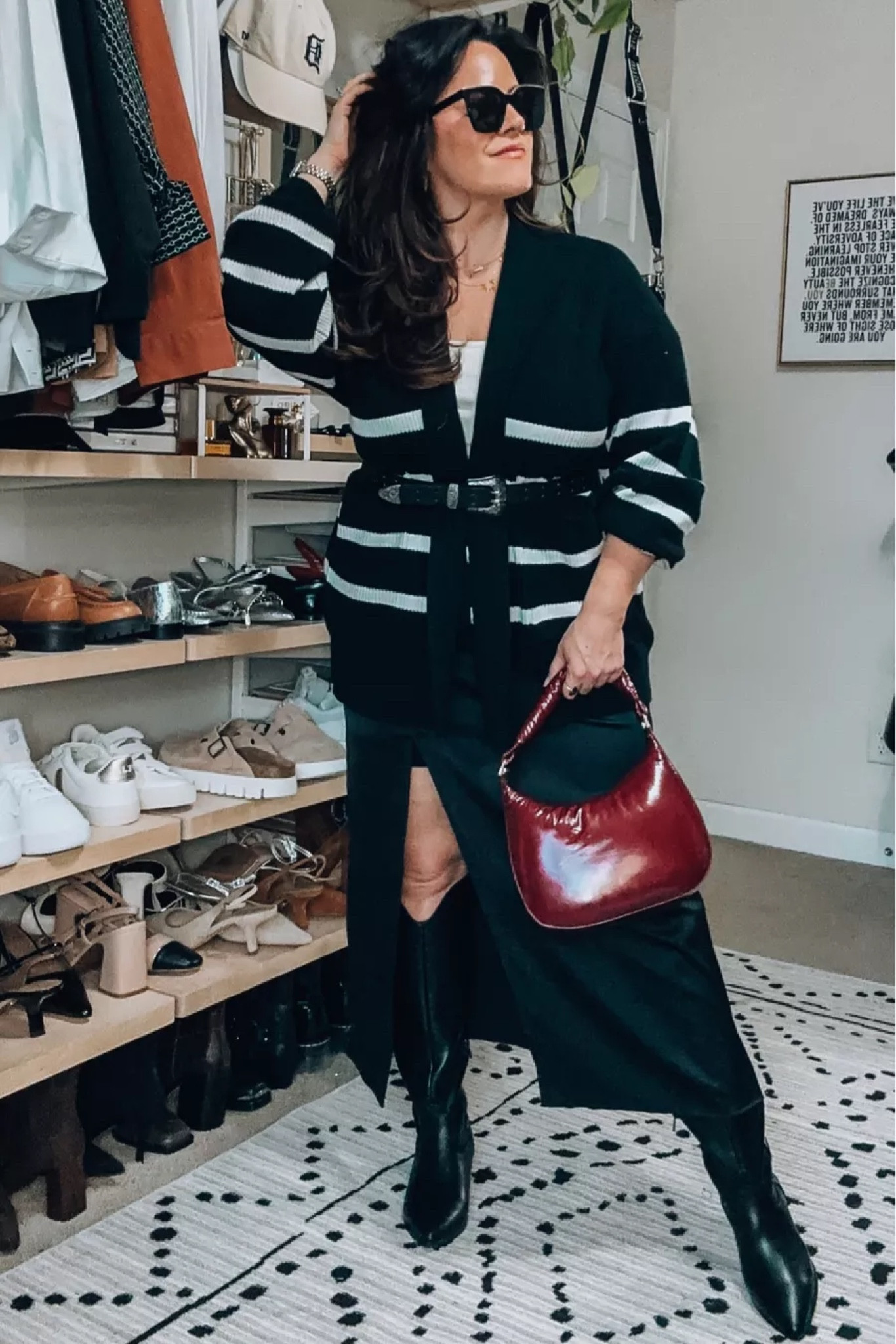 Midsize fall outfit idea with a maxi skirt Al from target Cardigan so cozy and multiple colors xl Sweater tank large Satin maxi skirt large Wide calf boots tts Red shoulder bag

#LTKSeasonal #LTKstyletip #LTKmidsize