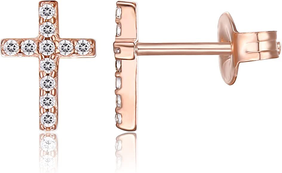 14K Gold Plated Girls Sterling Silver Earrings | Pave CZ Gold Cross Earrings for Women | Amazon (US)