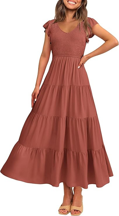 PRETTYGARDEN Women's Summer Flowy Maxi Dress Casual Cap Sleeve V Neck Smocked Beach Sundress | Amazon (US)