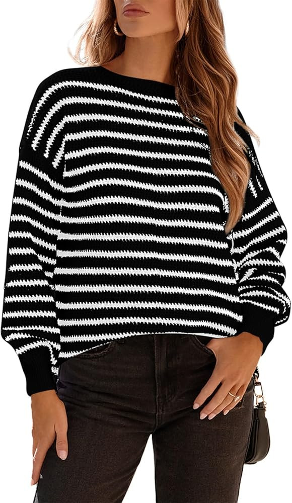 Dokotoo Sweaters for Women Crewneck Long Sleeve Striped Color Block Loose Knit Pullover Sweater T... | Amazon (US)