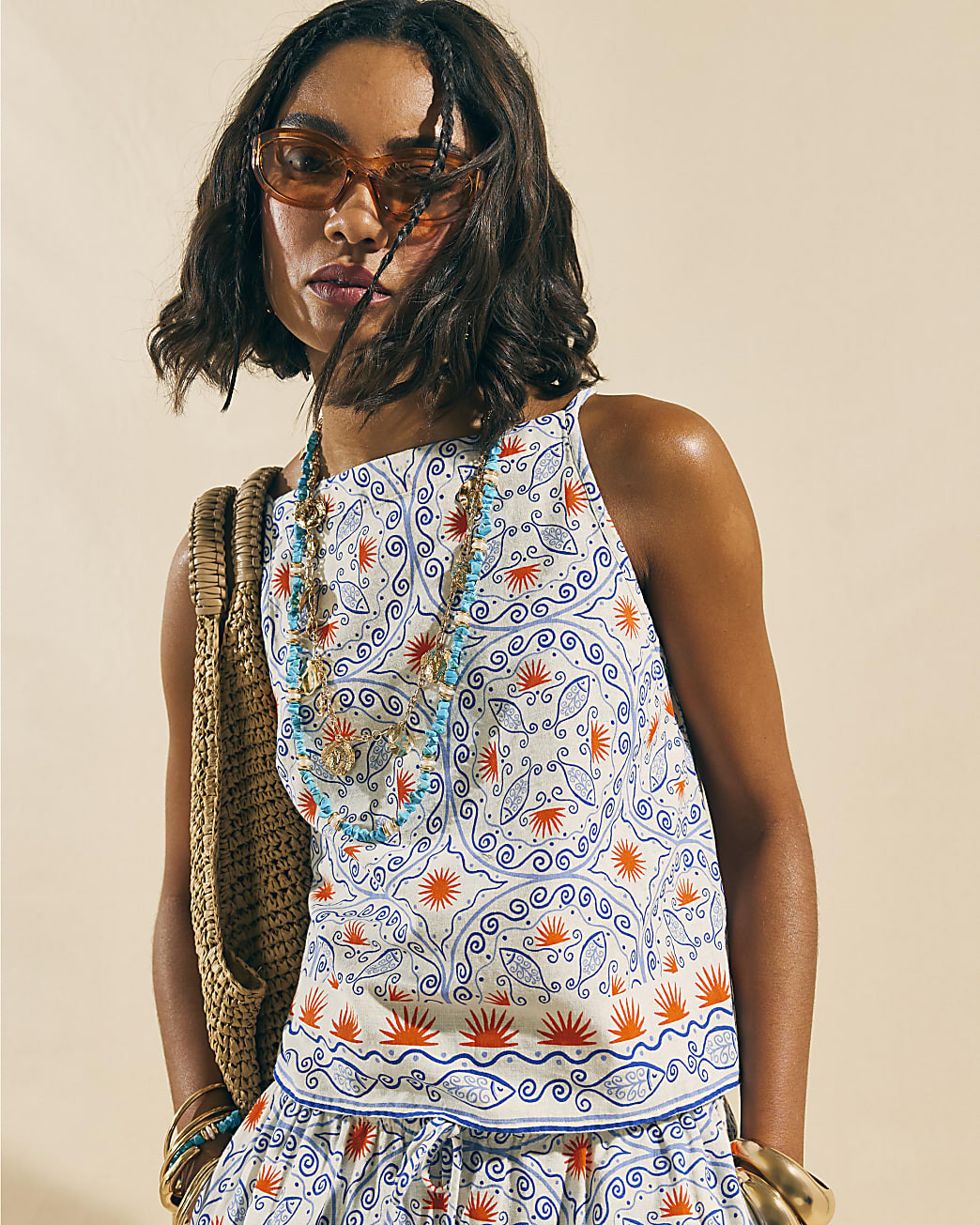 Blue Printed Linen Blend Tank Top | River Island UK & IE