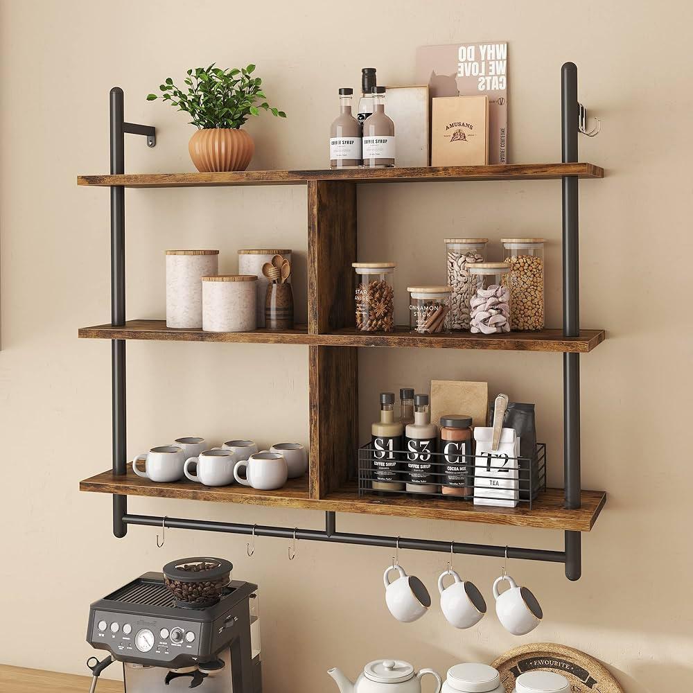 Bestier Floating Pipe Shelving Kitchen Shelves Wall Mounted 3 Tier 41.5" Ladder Coffee Bar Shelf Han | Amazon (US)