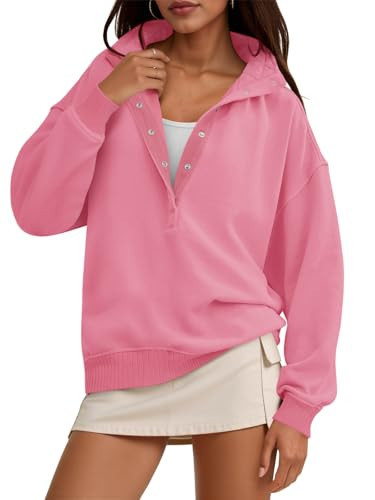 Fisoew Womens Oversized Sweatshirts Casual Long Sleeve Snap Button Henley Neck Loose Fit Fall Pullover Tops Pink | Amazon (US)