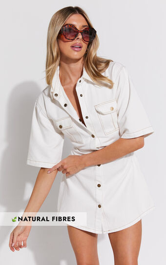 Leilani Mini Dress - Denim Short Sleeve Button Up Dress in ECRU | Showpo (US, UK & Europe)