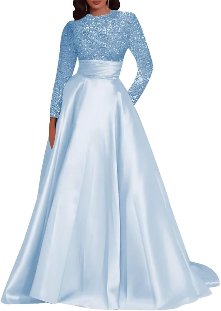 Long Sleeve Prom Dresses for Women 2024 Satin Sequin A Line Long Formal Gowns and Evening Dresses... | Amazon (US)