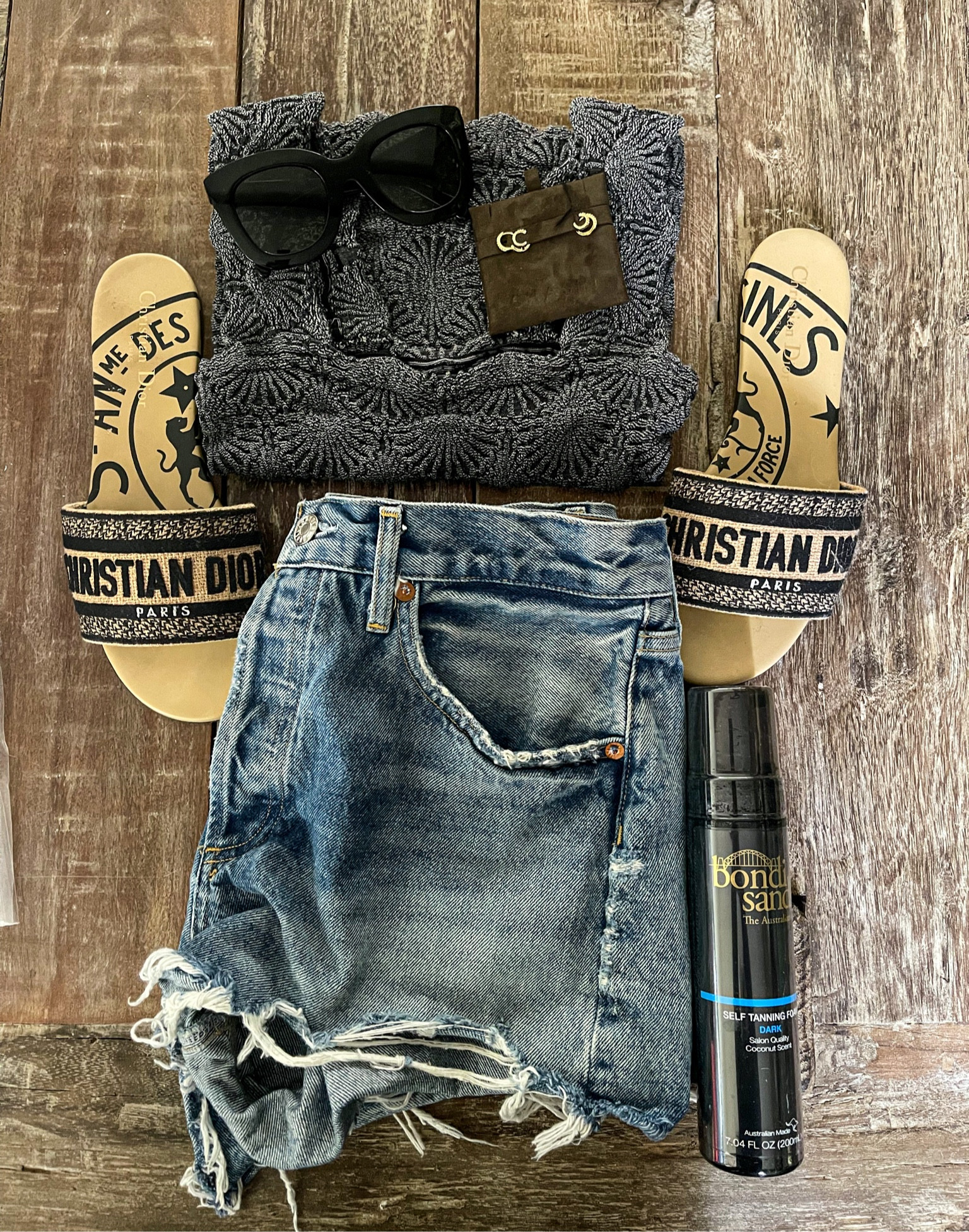 Casual summer outfit. Best crochet console. Best sleeveless top. Best tank top. Best distressed denim shorts. Best Agolde denim shorts. 4th of July outfit. Backyard barbecue outfit. Backyard BBQ outfit. Dior flat sandals. Dior Dway slide sandals. Christian Dior slide sandals. Best self tanner. Trending earrings. Celine sunglasses. Best Amazon self tanner. Amazon finds. Amazon beauty. Nordstrom finds. Nordstrom fashion. Shopbop finds. Shopbop fashion. Summer flatlay. Flatlay outfit. ❤️ 

#LTKFind #LTKstyletip #LTKSeasonal