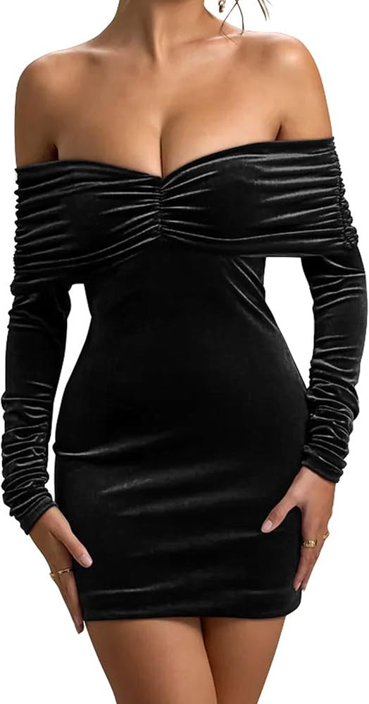 GOKATOSAU Women's Sexy Velvet Long Sleeve Off Shoulder Ruched V Neck Bodycon Mini Cocktail Dress | Amazon (US)