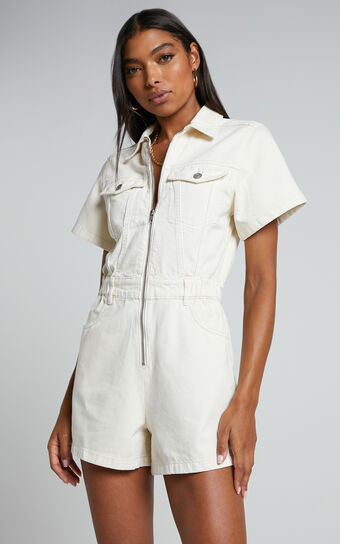 Mauriel Playsuit - Recycled Cotton Utility Playsuit in Ecru | Showpo (US, UK & Europe)