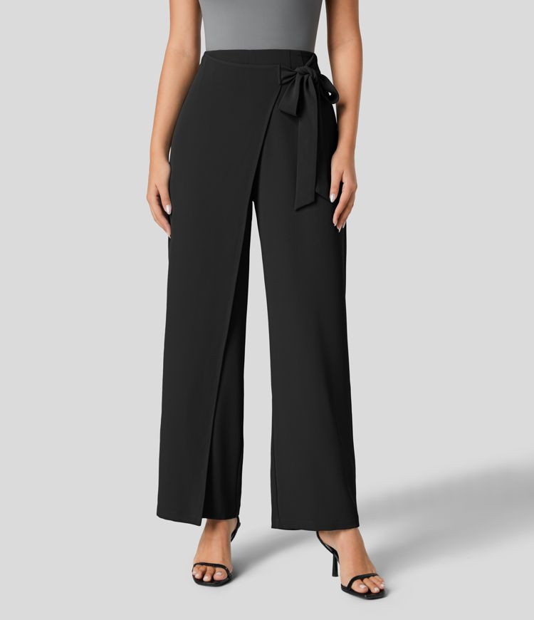 High Waisted Tie Side Invisible Zipper Wide Leg Work Suit Pants | HALARA