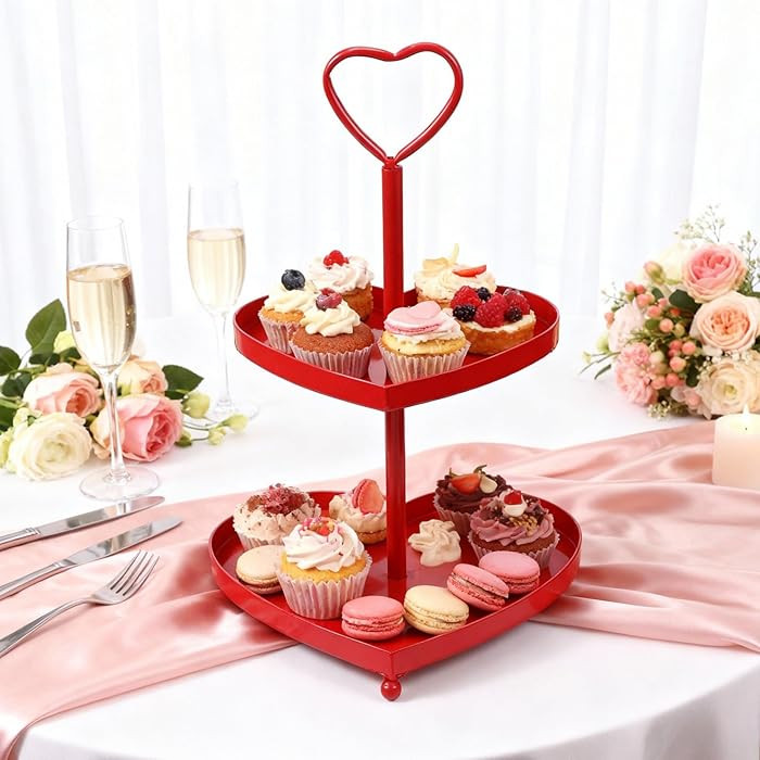 Valentines Day 2 Tiered Tray Stand Set Red Heart Shaped Decorative Tray 2 Tiered Metal Serving Sh... | Amazon (US)