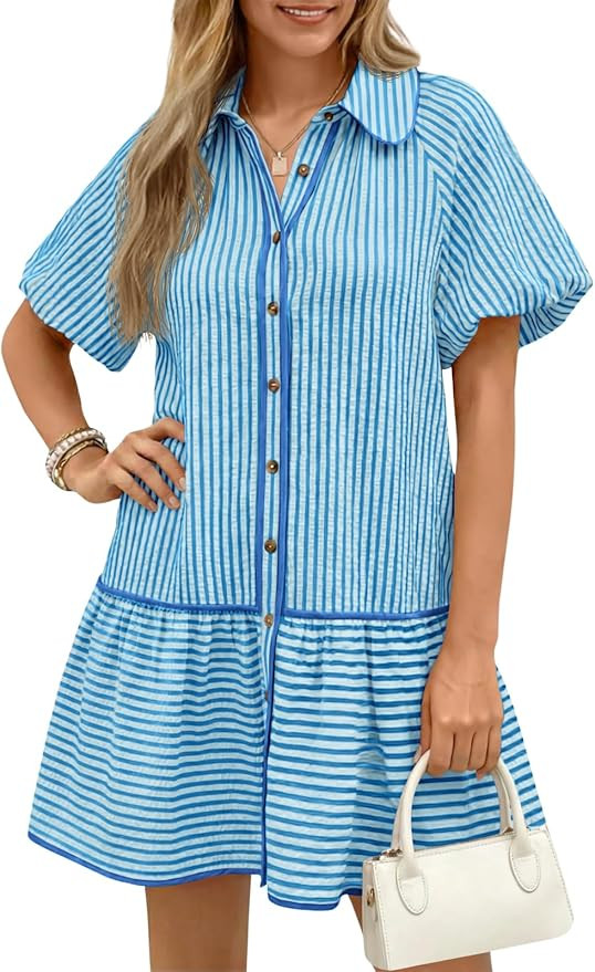 Wenrine Womens Summer Button Down Shirt Dress Casual Striped Puff Short Sleeve Collared Loose Min... | Amazon (US)