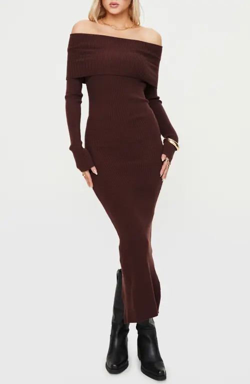 Princess Polly Phylis Off the Shoulder Long Sleeve Rib Maxi Dress in Chocolate at Nordstrom, Size 6 | Nordstrom