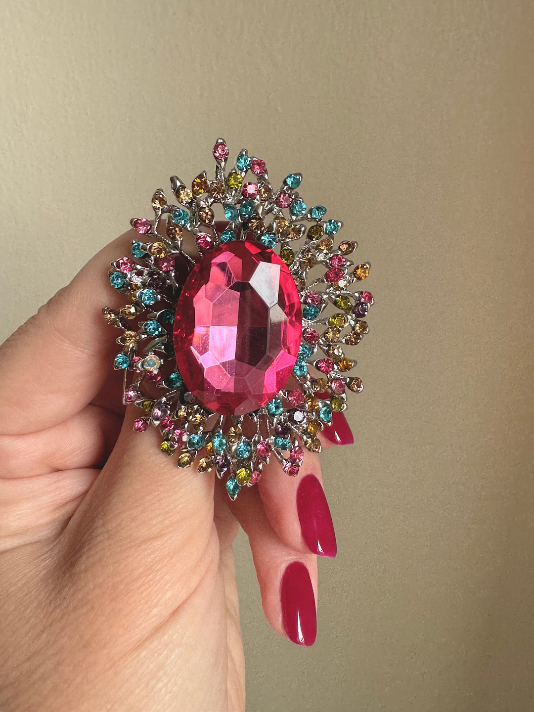 Vintage Pink Crystal Brooch: Large Oval Rhinestone Lapel Pin | Etsy (US)