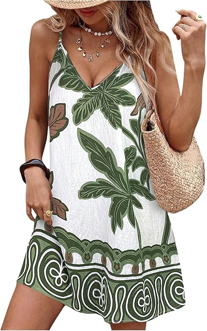 SOLY HUX Women's Summer Boho Printed Mini Dress V Neck Spaghetti Strap Flowy Vacation Cami Dresse... | Amazon (US)
