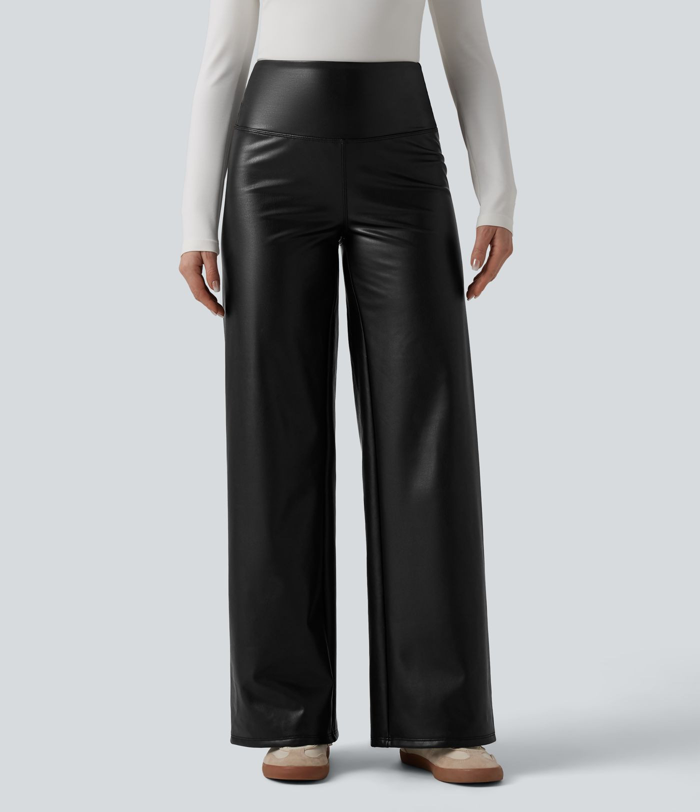 Women’s High Waisted Tummy Control Wide Leg Stretchy PU Fleece Casual Pants with Pockets - Hala... | HALARA