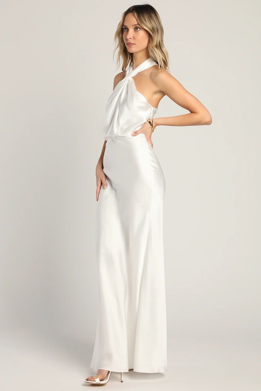 At the Halter White Satin Halter Neck Twist-Front Maxi Dress | Lulus (US)