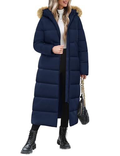 Wiepux Long Winter Puffer Coat for Women Winter Faux Fur Quilted Jackets with Hood Maxi Length Outerwear,Navy,S | Amazon (US)