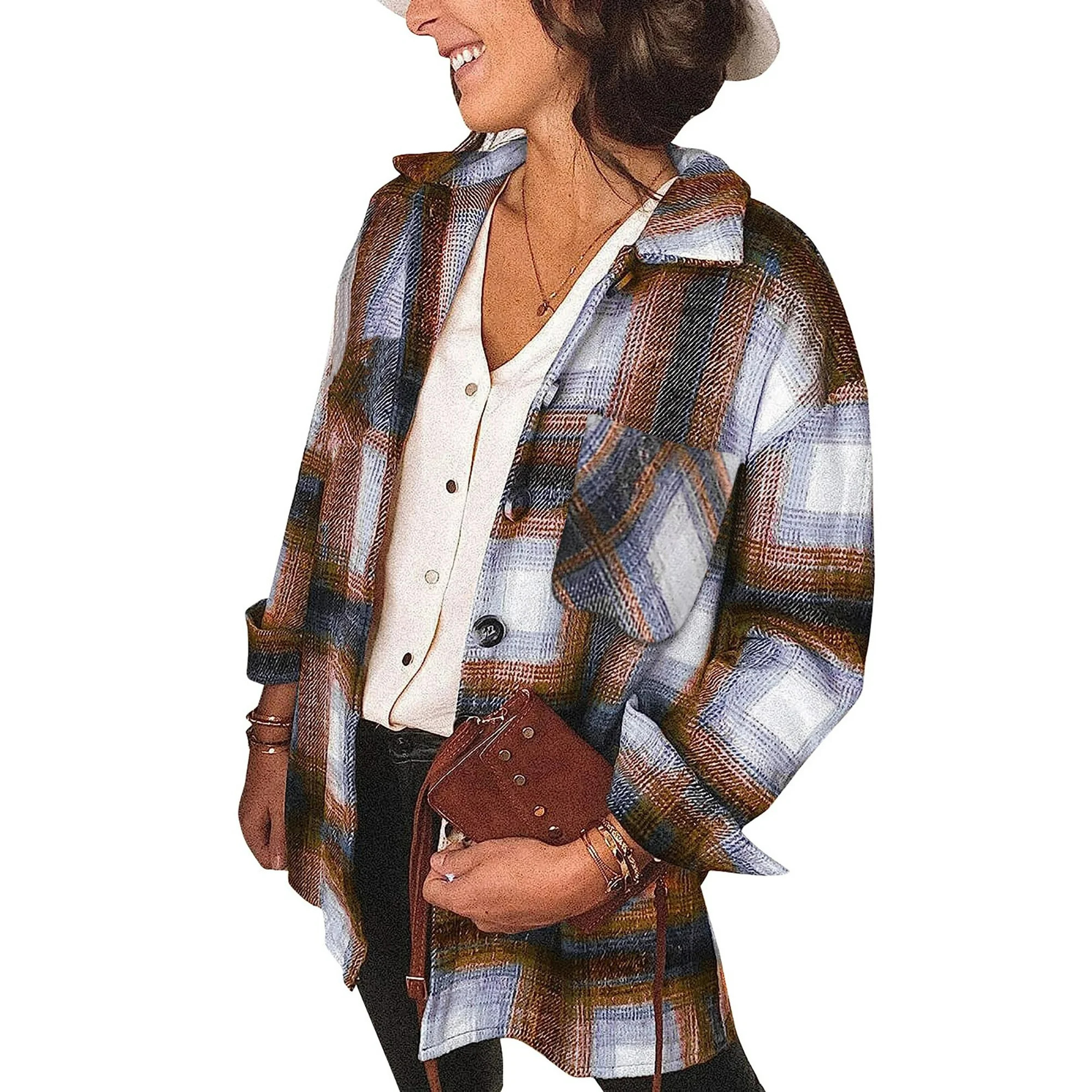 Fantaslook Womens Plaid Shirts Flannel Shacket Jacket Long Sleeve Button Down Boyfriend Shirt Coa... | Walmart (US)