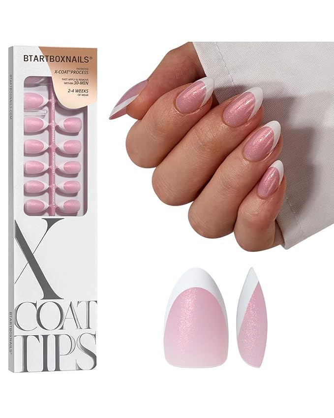 BTArtboxnails XCOATTIPS French Tip Press On Nails - Pink Glitter Base Short Almond Press On Nails... | Amazon (US)