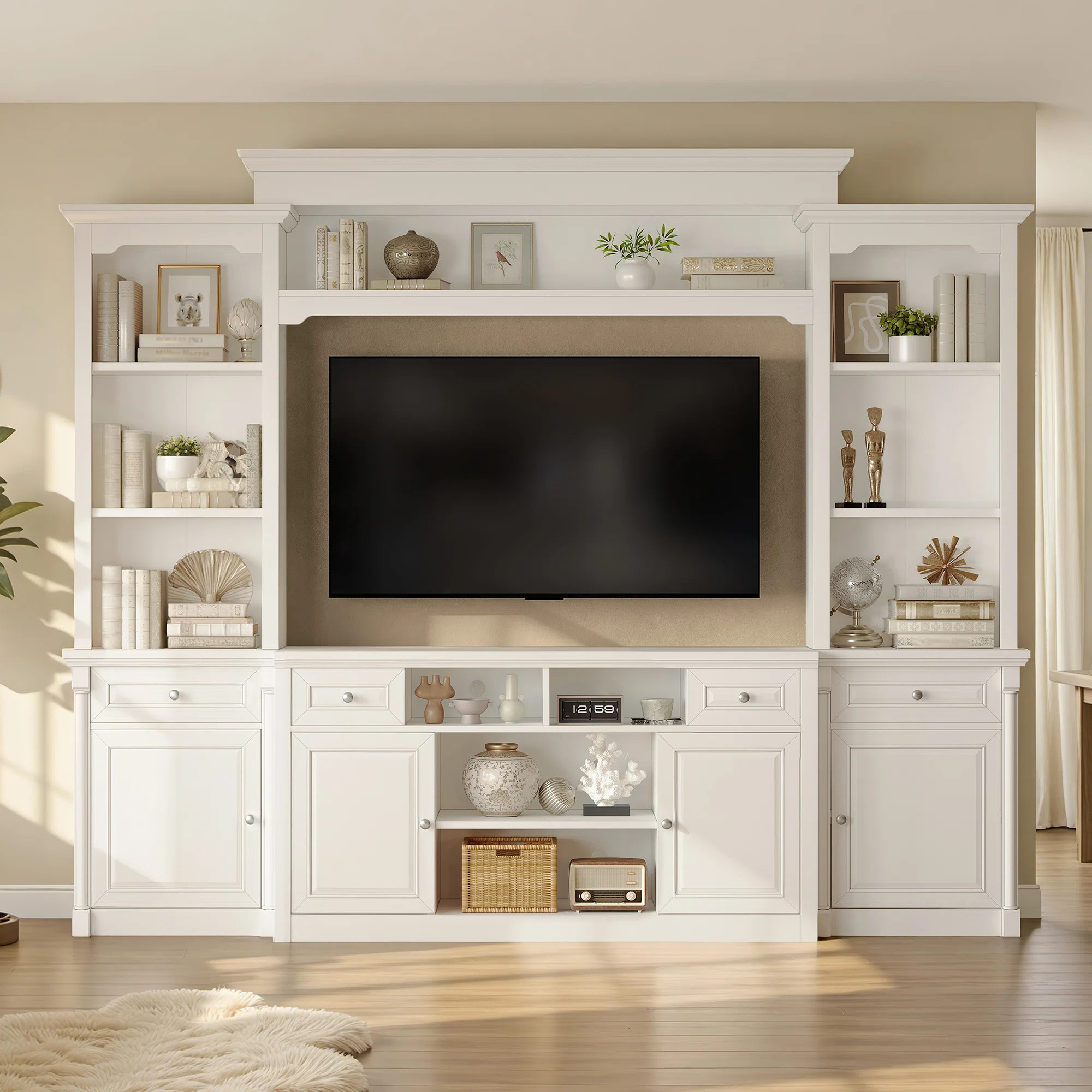 Donyell 102.8"W Farmhouse Entertainment Center Wall Unit with Bookshelves and Storage Cabinets fo... | Wayfair North America