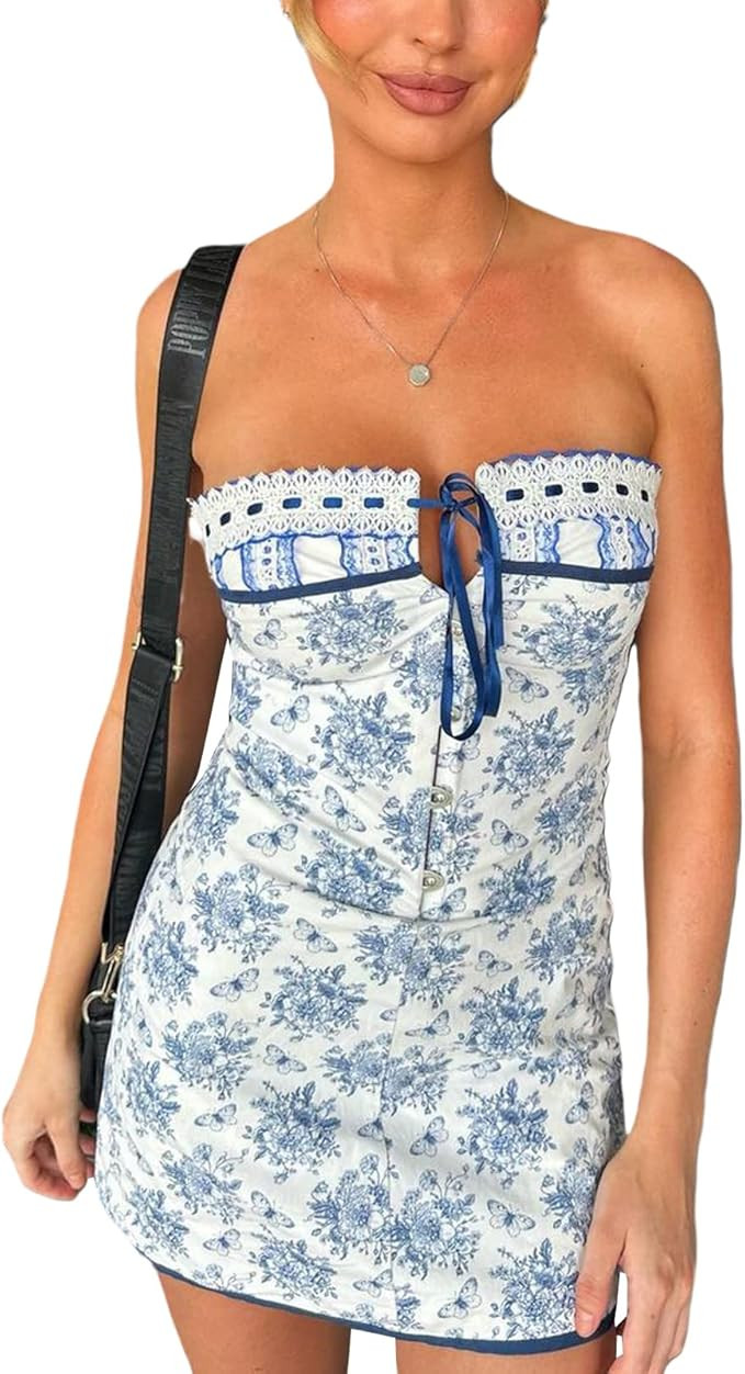 Women Y2k Strapless Sleeveless Bandeau Dress Summer Vintage Floral Print Off-Shoulder Mini Tube D... | Amazon (US)