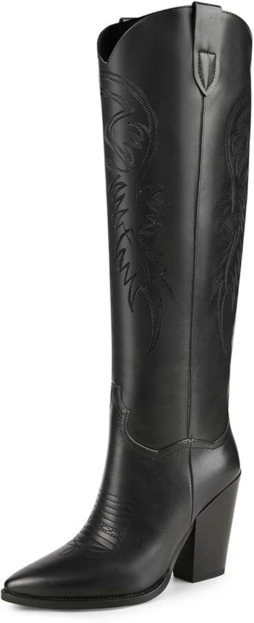 ISNOM Women's Cowgirl Boots Pull On Knee High Boots, Cowboy Western Embroidered Chunky Block Heel... | Amazon (US)