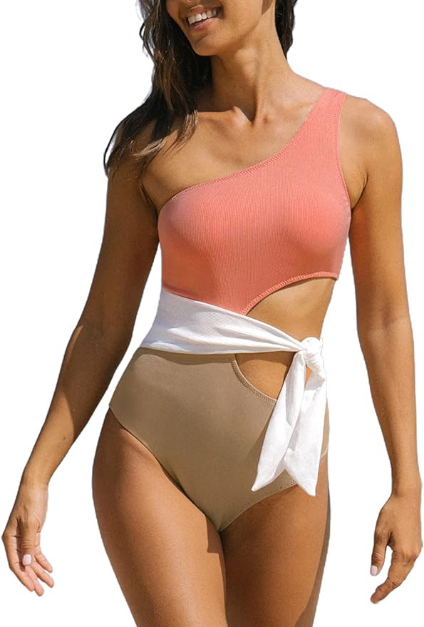 Hilinker Women's One Shoulder Knot Cut Out Color Block Ribbed One Piece Swimsuit | Amazon (US)