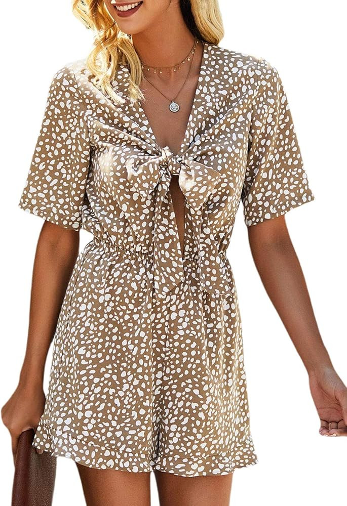 Envemour Women's Floral V Neck Tie Front Rompers Ruffle Baggy Sleeves Short Jumpsuits | Amazon (US)