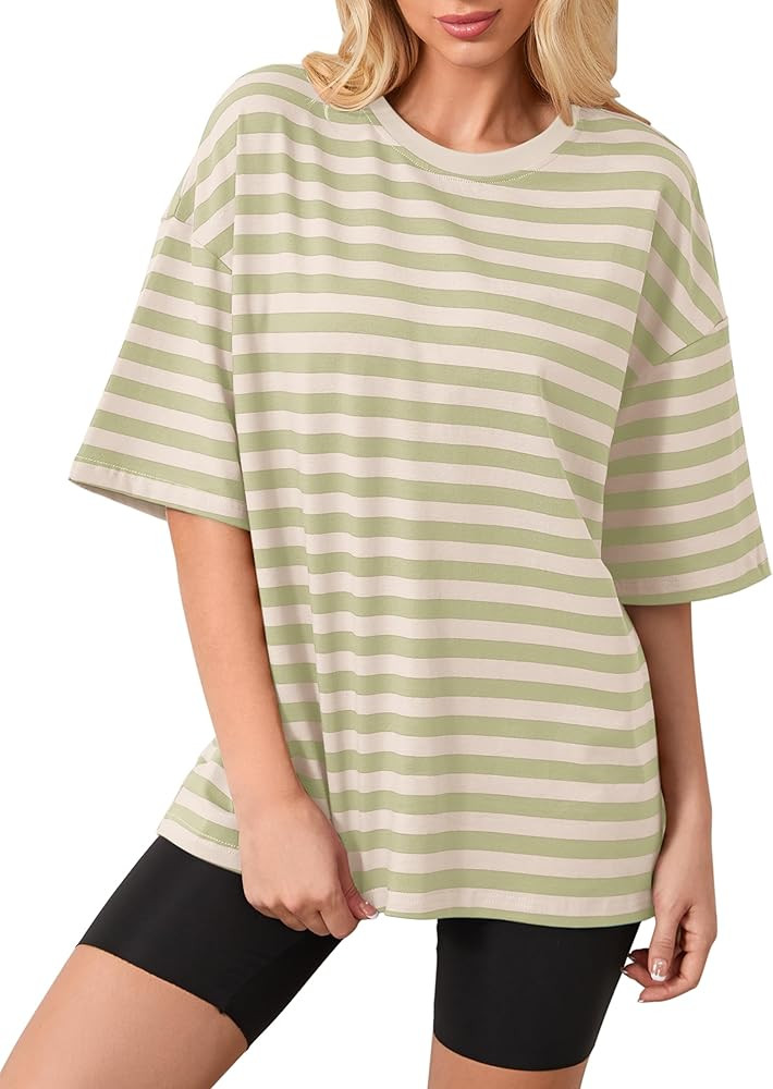 Cotton Striped Oversized Tshirts for Women Color Block T-Shirts Short Sleeve Summer Tee Shirt Loo... | Amazon (US)