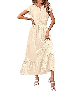 MEROKEETY Women 2024 Summer Flutter Short Sleeve V Neck Swiss Dot Smocked A Line Tiered Maxi Dres... | Amazon (US)