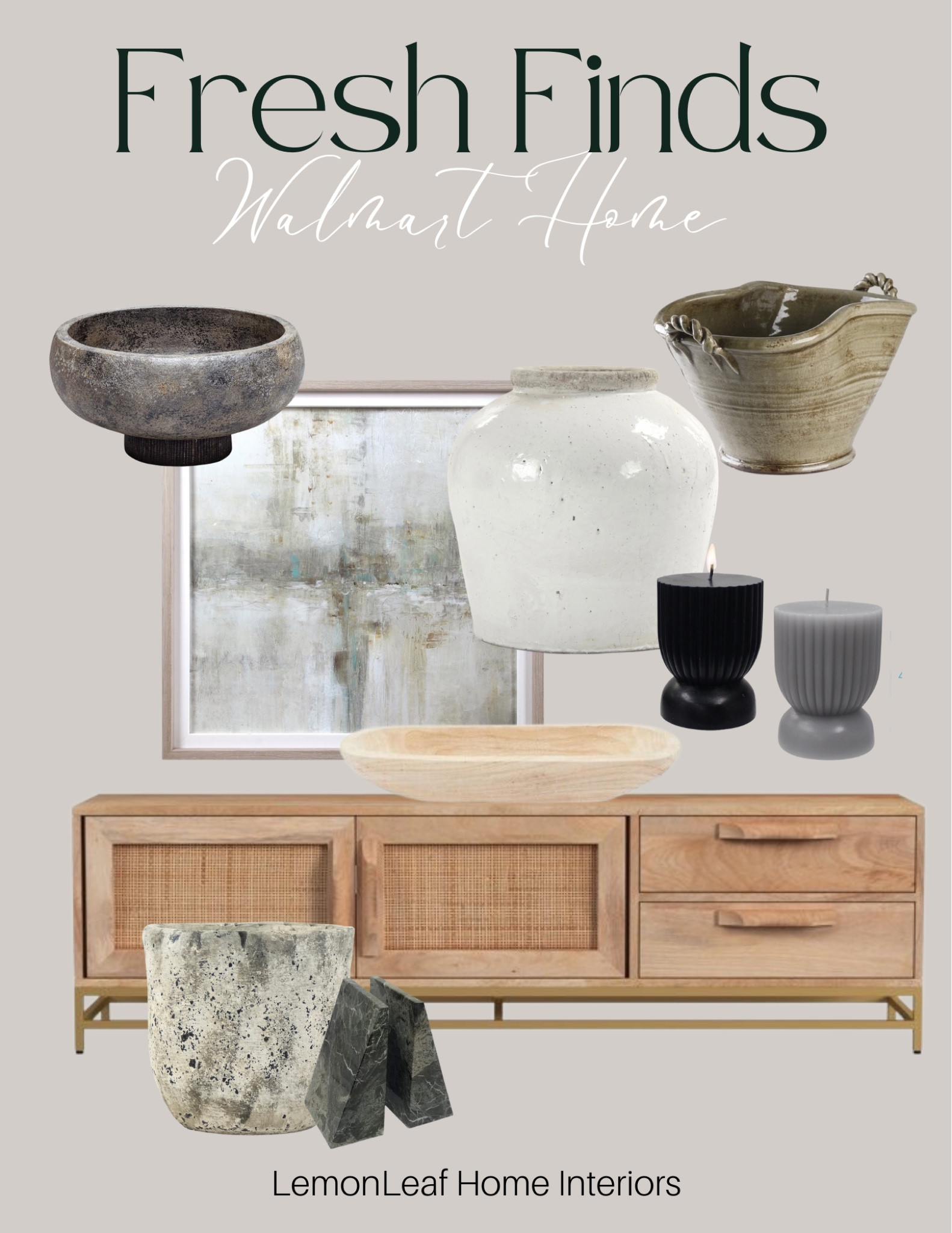 Walmart home decor, neutral furniture, media cabinet, natural wood furniture, affordable furniture, framed art, shaped candles, oversized vases, home decor, marble bookends 


#LTKunder100 #LTKhome #LTKstyletip