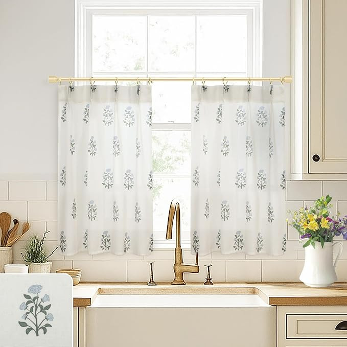 Cafe Curtains 30 Inch Length,Pinch Pleated Farmhouse Linen Sheer Blue and Green Floral Cute Boho ... | Amazon (US)