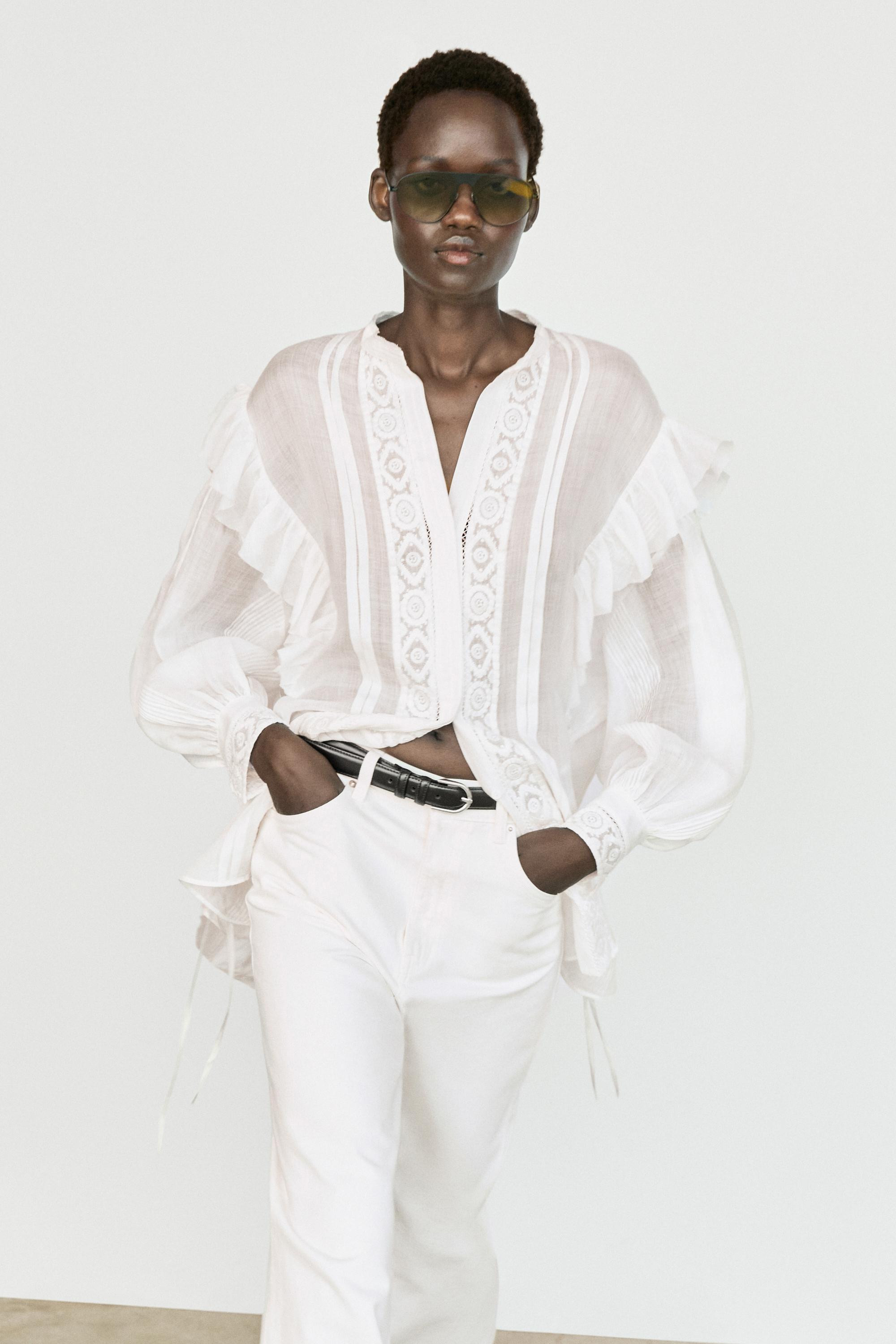 Stand collar blouse with embroidery and ruffles | Massimo Dutti US