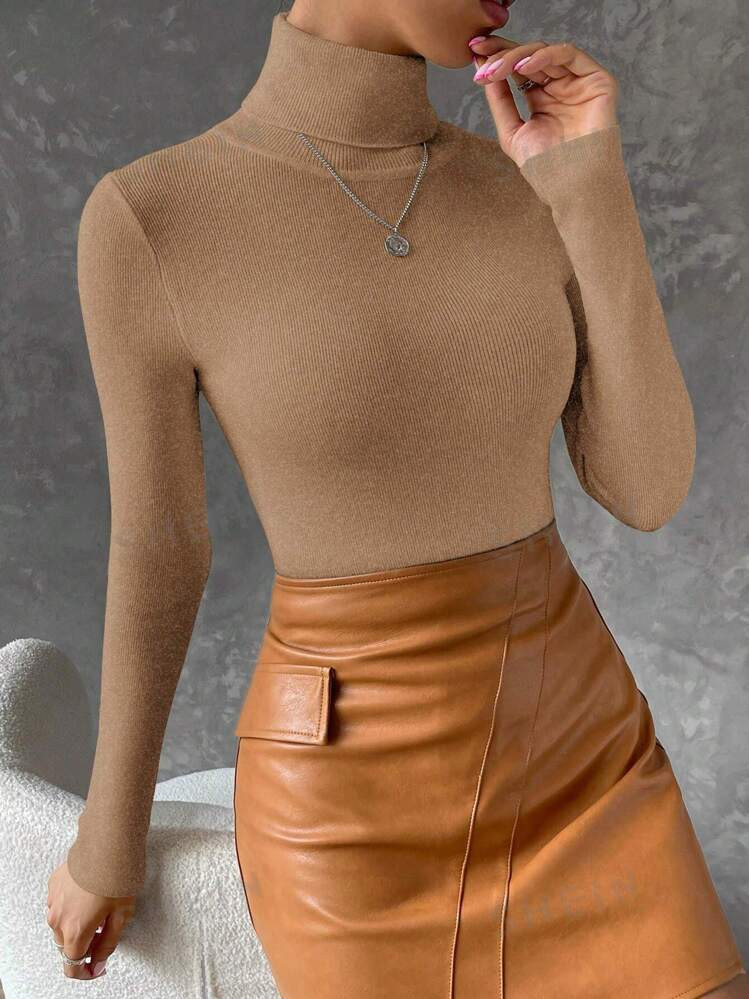 SHEIN Essnce Solid Turtleneck Ribbed Knit Sweater | SHEIN USA | SHEIN