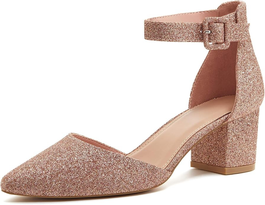 LAICIGO Women's Pointed Toe Pumps Ankle Strap Buckle Chunky Block Heel Dress D'Orsay Shoes | Amazon (US)