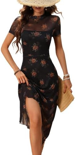 GothDark Women's 2025 Summer Floral Print Vintage Goth Dress Mesh Spliced Double-Layered Irregula... | Amazon (US)