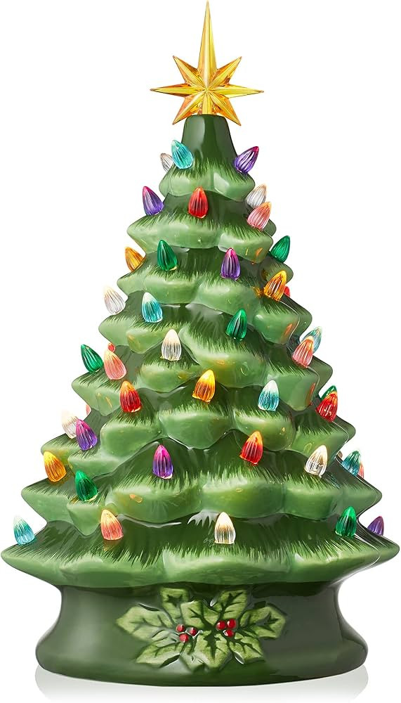 Casafield Hand Painted Ceramic Christmas Tree, Green 15-Inch Pre-Lit Tree with 128 Multi Color Li... | Amazon (US)