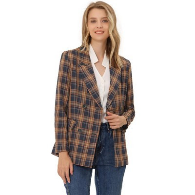 INSPIRE CHIC Women's Casual Fit Notched Lapel Double Breasted Plaid Formal Blazer Small Blue Orange | Target