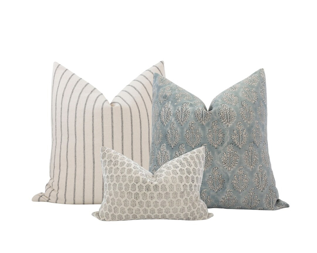 Blue Floral Pillow Combo Neutral Pillow Combo Sofa Pillow Combo Designer Linen Pillow Set Pillow ... | Etsy (US)