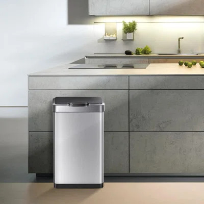 50L/13.2 Gallon Touchless Rectangular Motion Sensor Trash Can, Brushed Stainless Steel | Wayfair North America