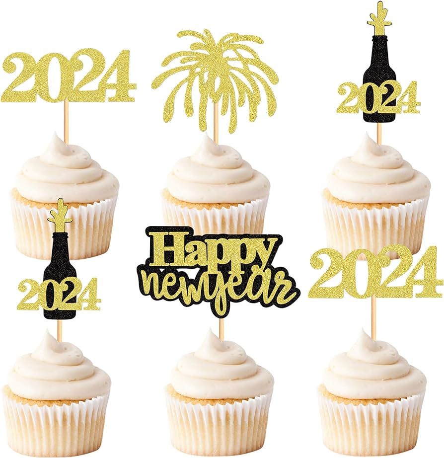 24 Pcs Glitter Happy New Year Cupcake Toppers 2024 Gold Black Cupcake topper Cheers to 2024 Cake ... | Amazon (US)