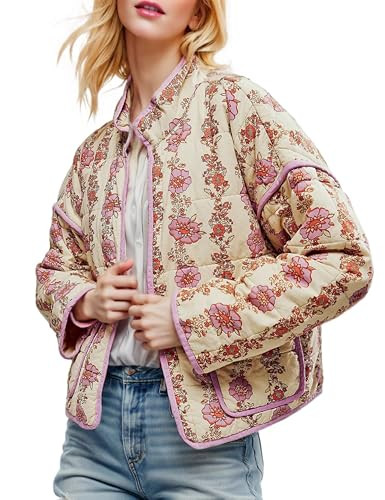 Omoone Women's Cropped Quilted Jacket Floral Printed LightWeight Padded Puffer Cardigan Coat Outwear(Purple-XS) | Amazon (US)