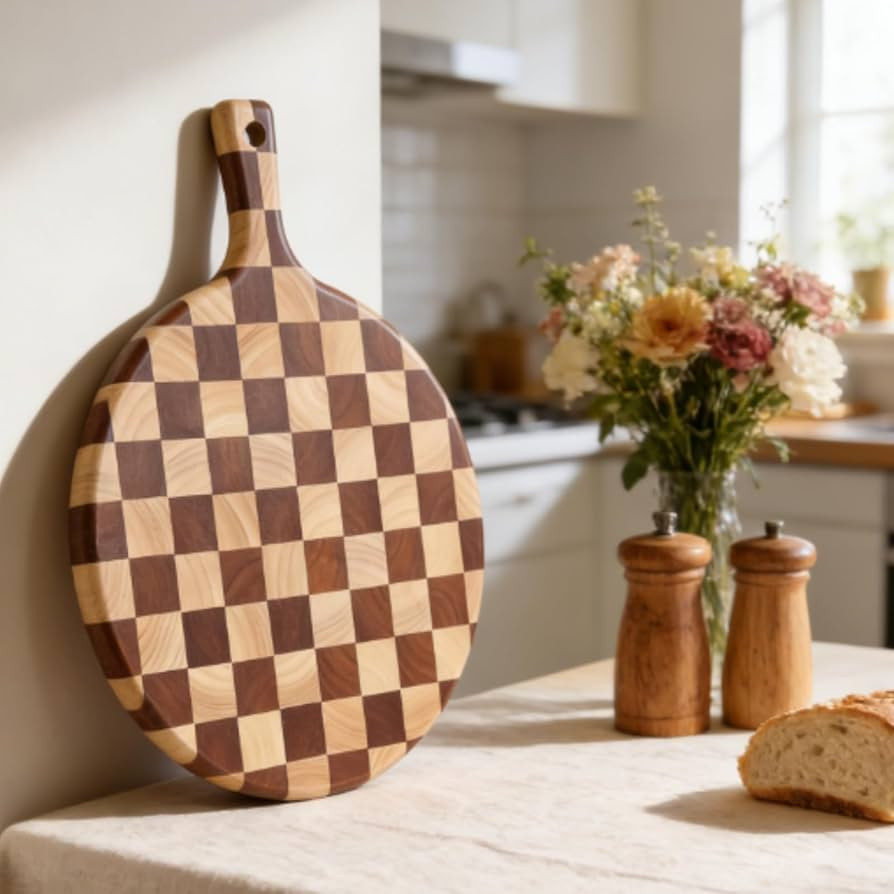 Checkered Round Cutting Board with Handle for Kitchen Decor, 17"L x 13"W x 1" Thick \u2013 Wooden... | Amazon (US)